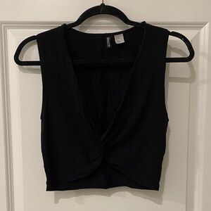 Deep V Neck Black Twist Front Crop Top